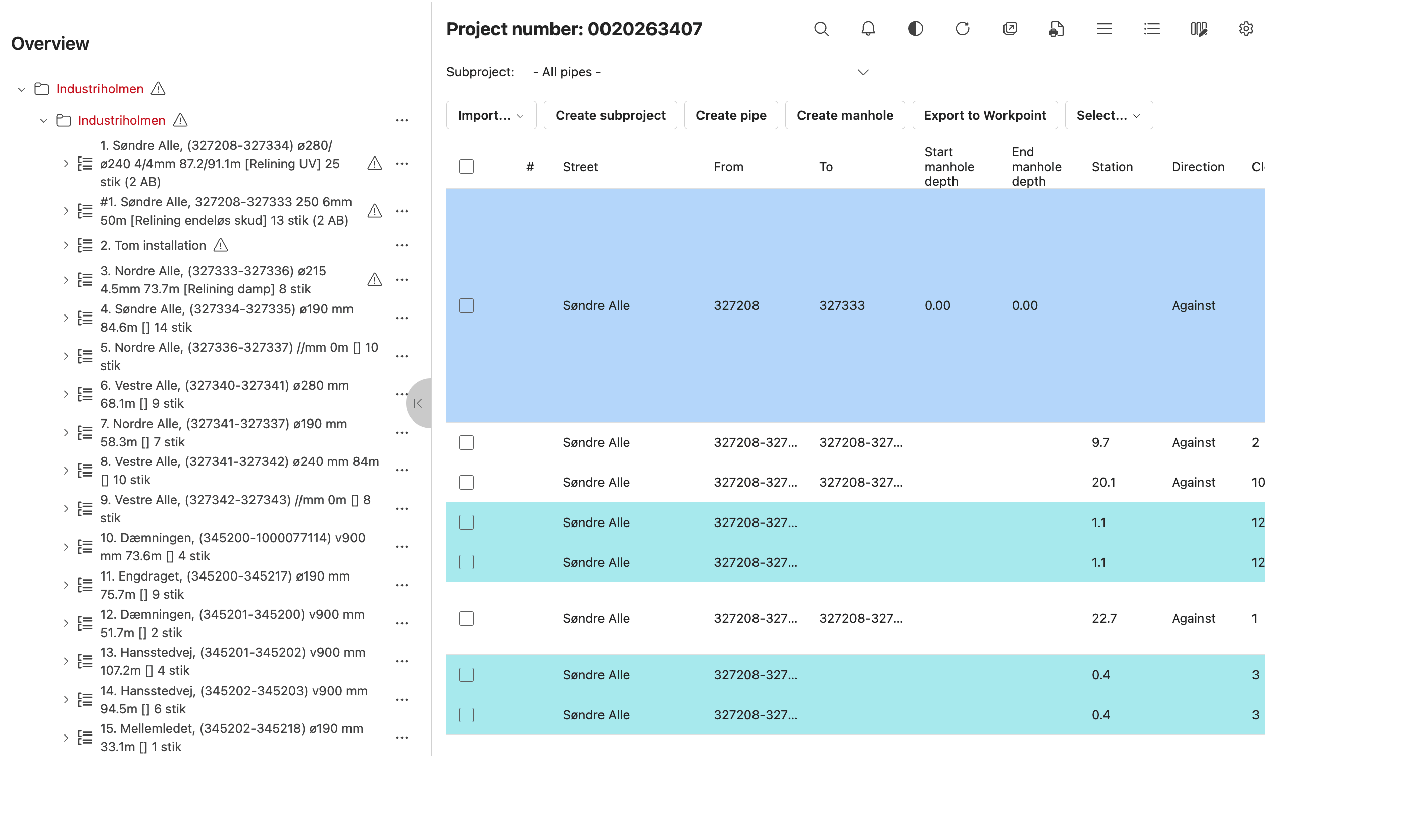 Pipe Overview project tree and pipe records in the project overview.
