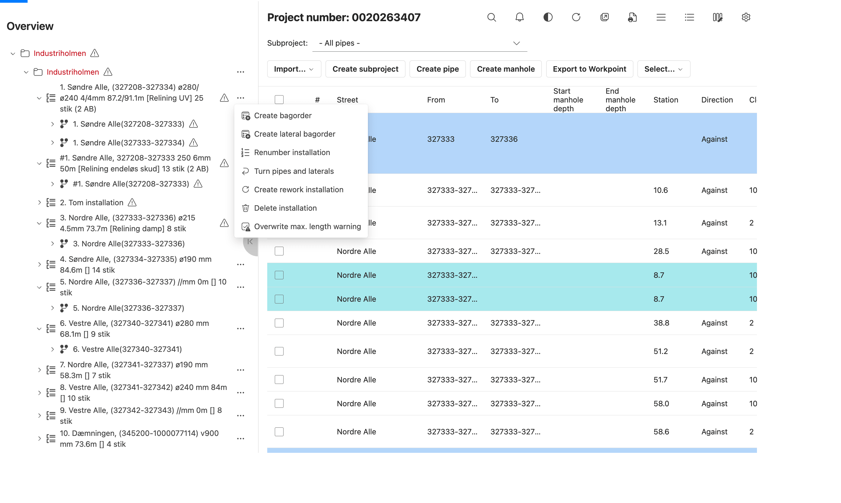 Pipe Overview project overview with a pipe selected and its contextual action menu open.