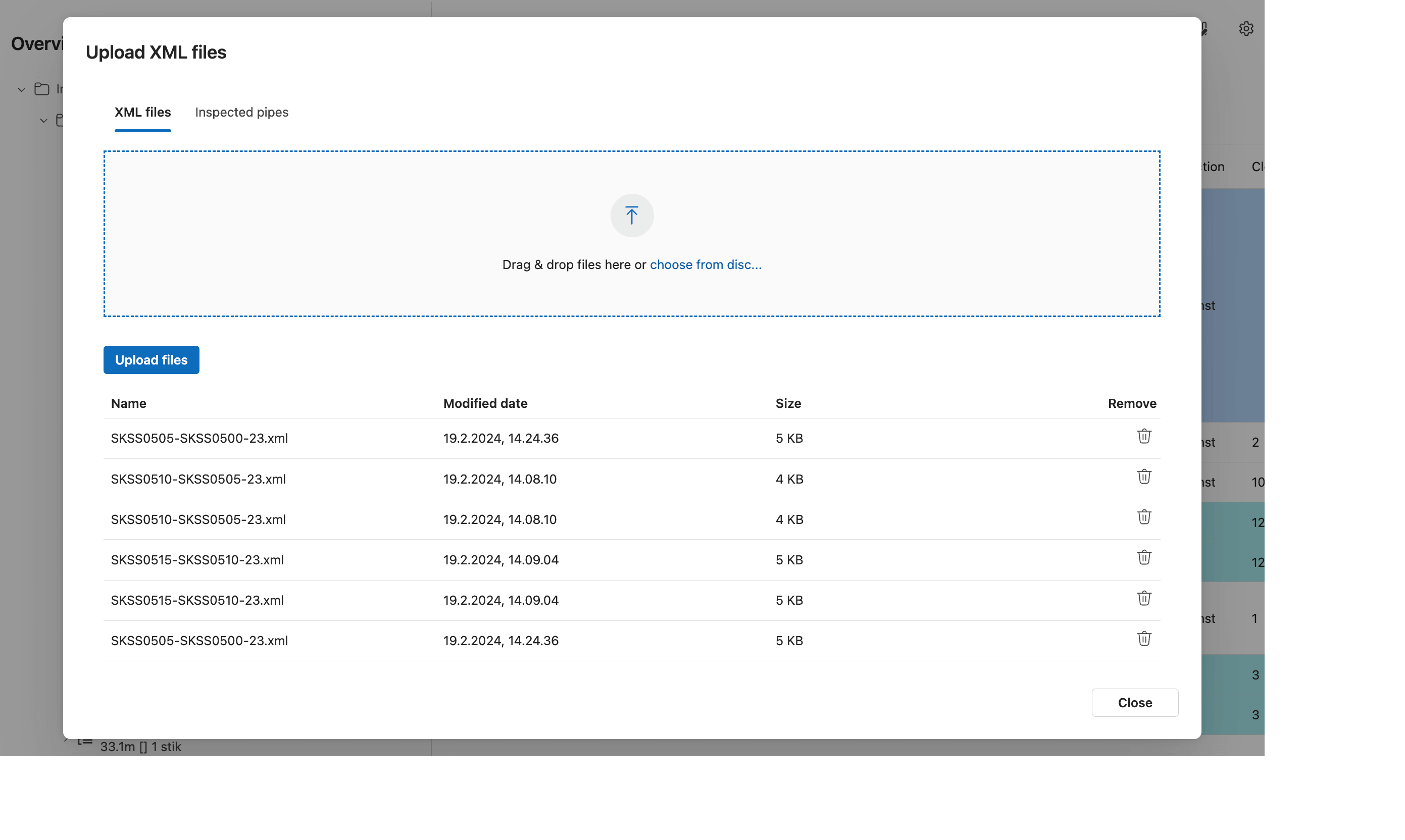 Pipe Overview XML upload dialog with a file drop zone and a list of inspection XML files.